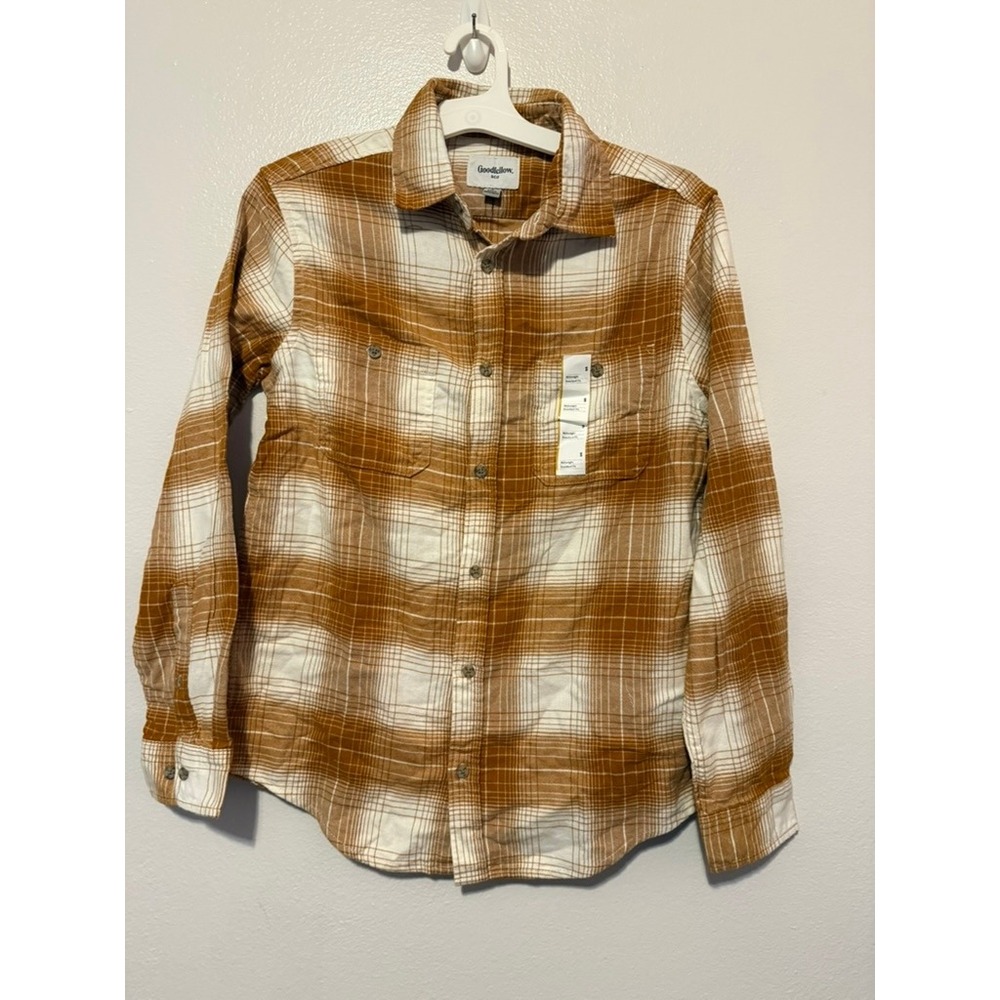 Goodfellow & Co Mens Brown White Plaid Flannel Shirt Midweight Standard Fit S